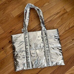 Silver Metallic Bath and Body Works Quilted Puffy Tote